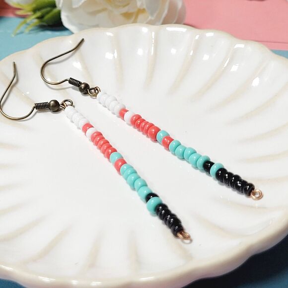 seed bead earrings 683#mfs Seed beaded minimalist stick earrings sweater stripes - Picture 5 of 5